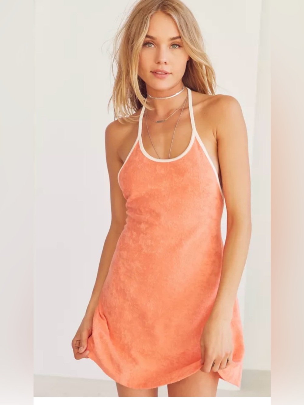 Pink Lily Orange Halter Terry Dress with White Trim and shorts